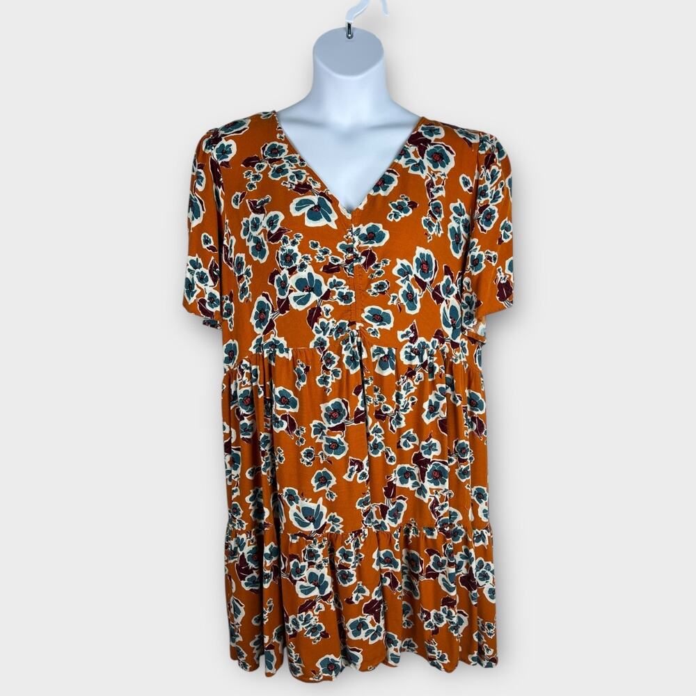 AVA & VIV orange‎ blue floral short sleeve tiered knee length dress 2X Rayon